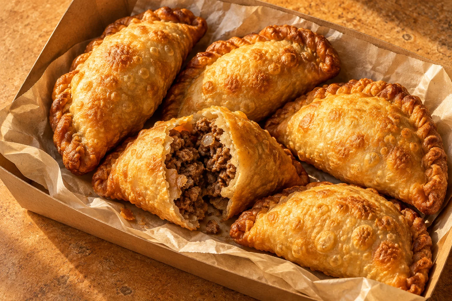 Illustrative golden empanadas piled on parchment, with one opened to show a savory filling
