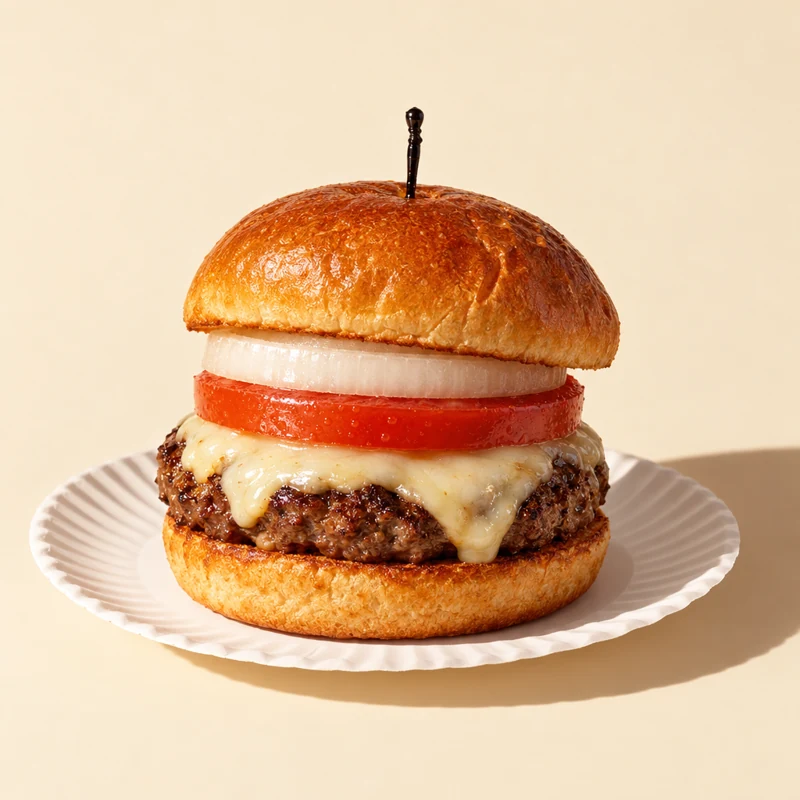 Illustrative cheeseburger with lettuce and tomato on a paper plate