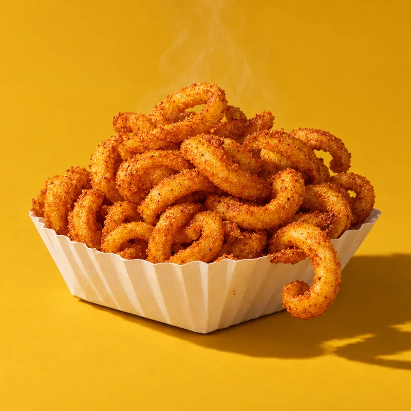 Illustrative golden curly fries in a paper boat against mustard yellow