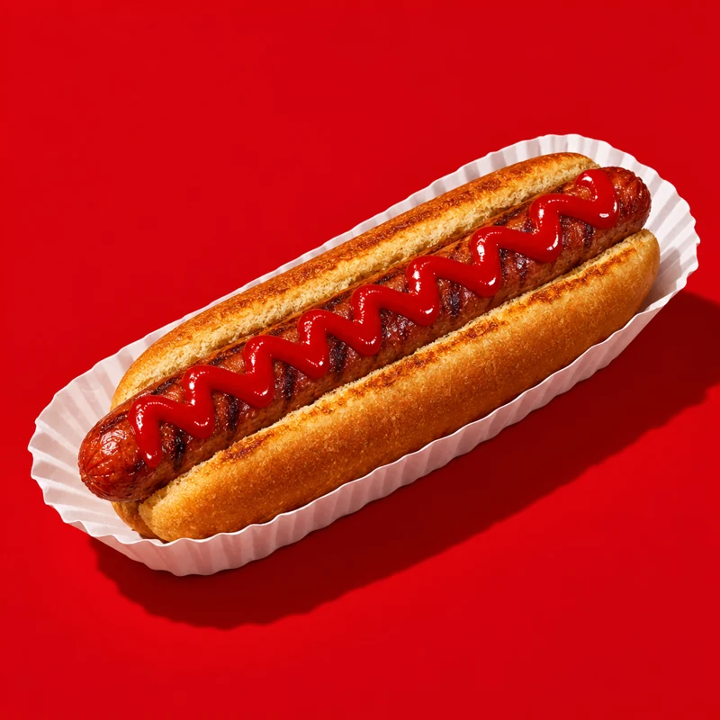 Illustrative long hot dog on a red backdrop