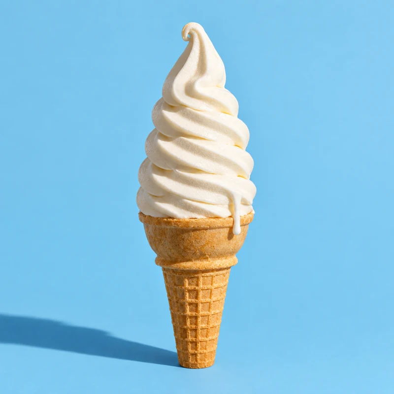 Illustrative vanilla soft-serve cone against a diner-blue backdrop