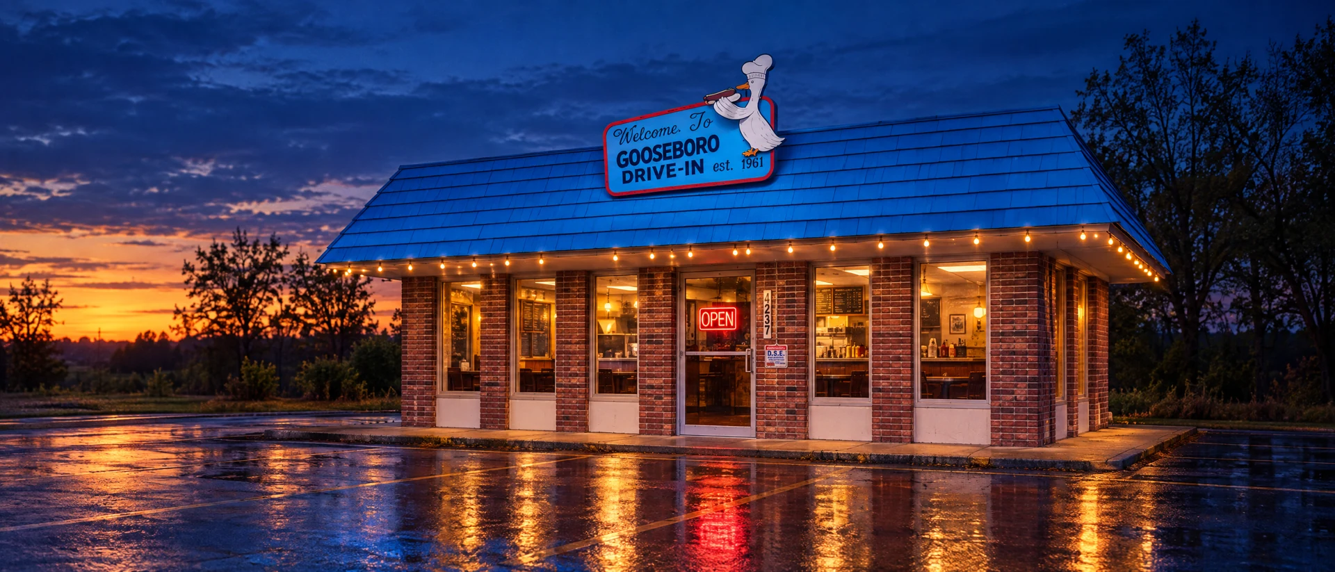 Illustrative Gooseboro roadside diner with a blue roof at dusk