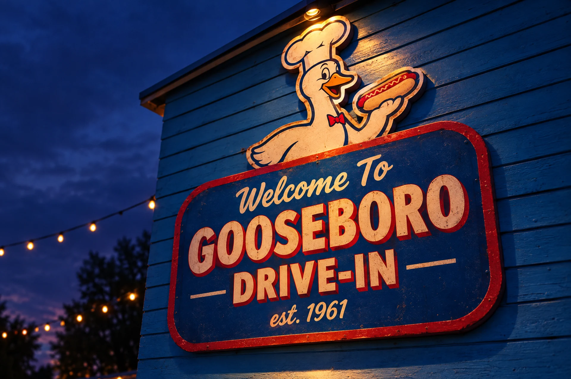 Illustrative Gooseboro Drive-In sign and chef goose glowing at dusk