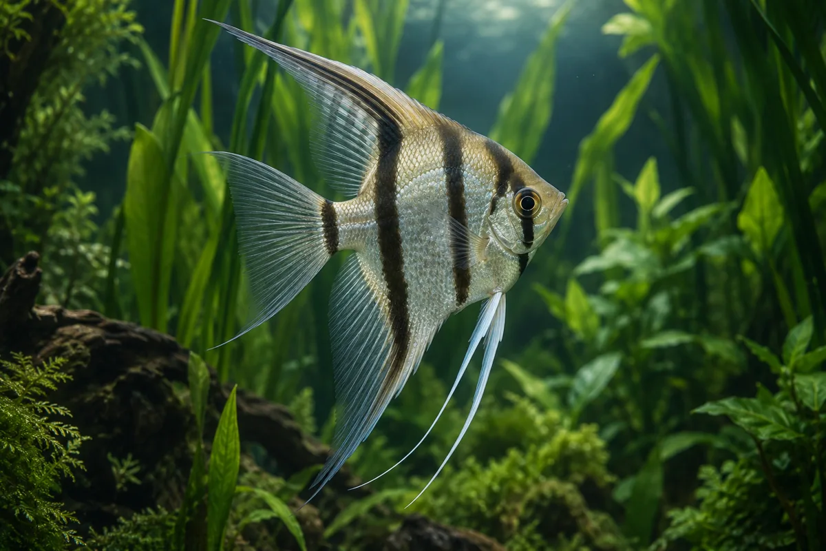 Illustrative silver angelfish among aquatic plants