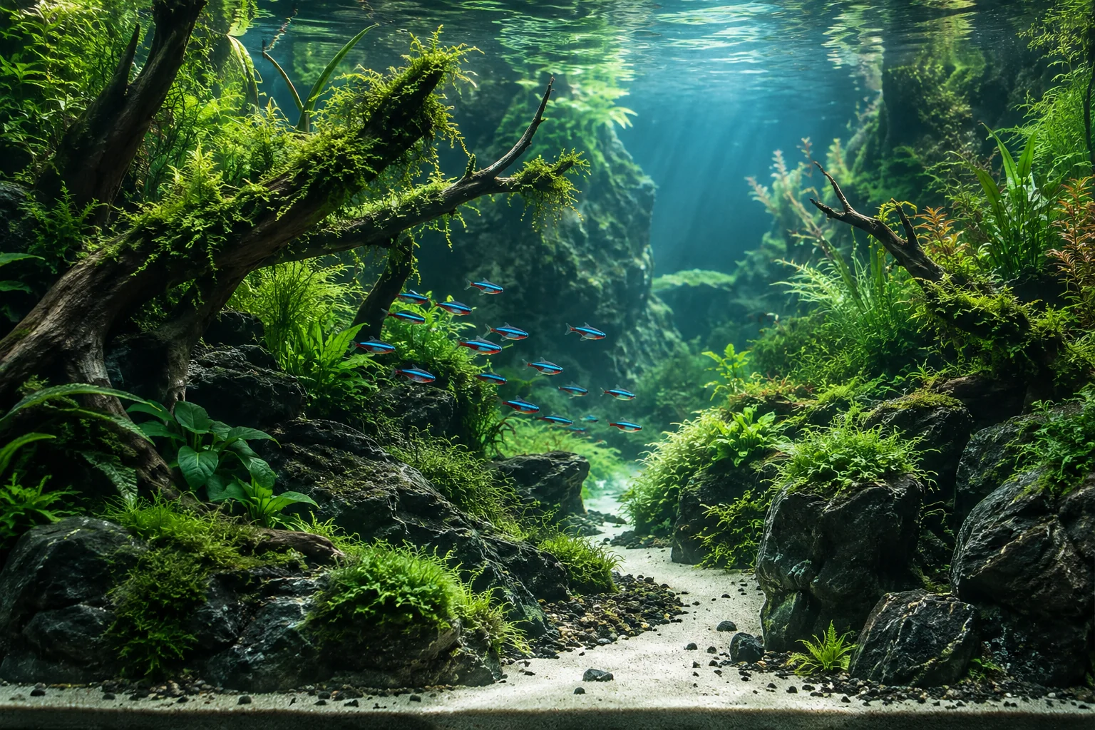 Illustrative planted aquarium with a small school of freshwater fish