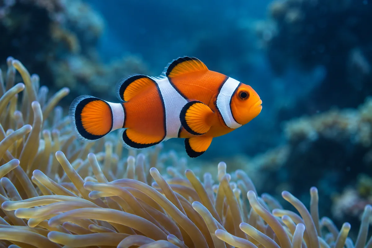 Illustrative orange and white marine fish beside an anemone