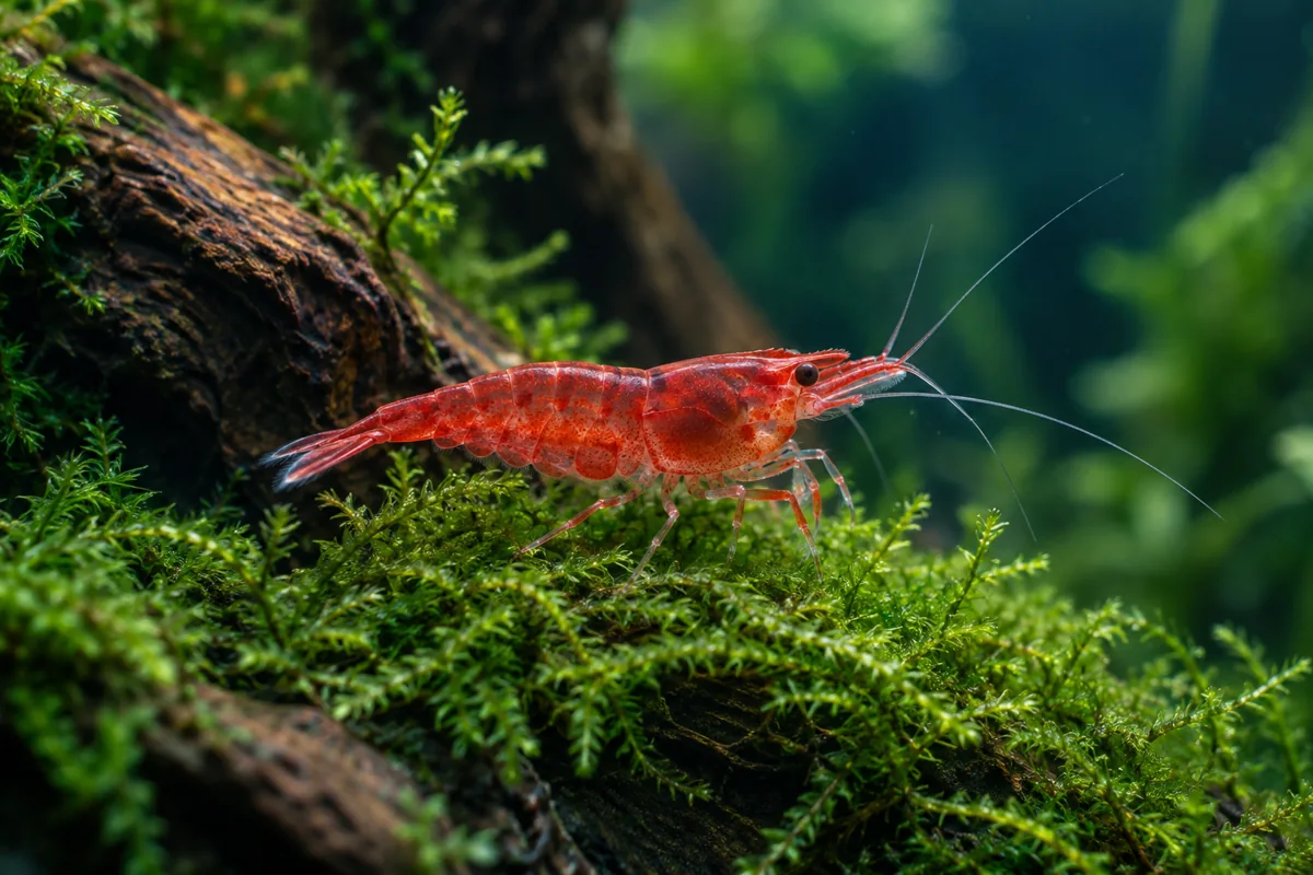 Illustrative red ornamental shrimp on green moss